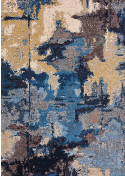 Abstract patterned rug with blue, brown, and beige colors