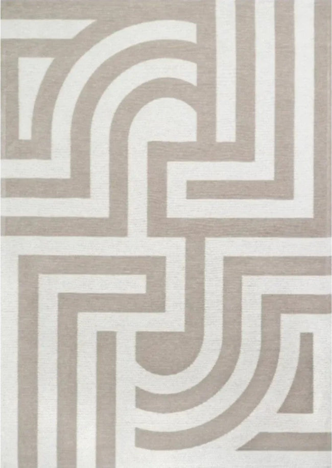 Patterned rug with geometric design on a beige background