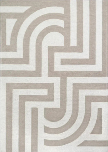 Patterned rug with geometric design on a beige background