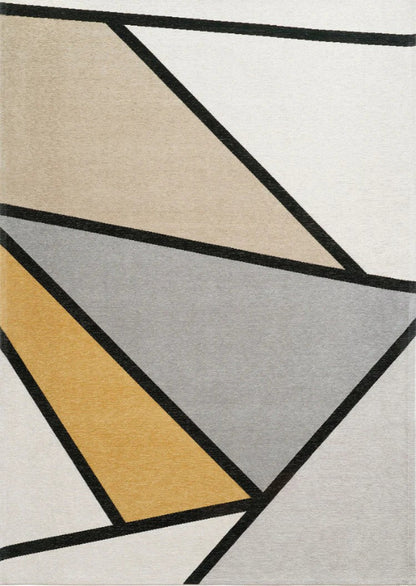 Geometric patterned rug with triangles in beige, grey, and mustard on a white background