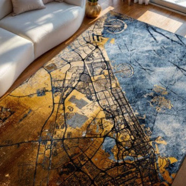 Stylish Louis De Poortere Cities Rug featuring a city map design in blue and gold hues for luxury interiors