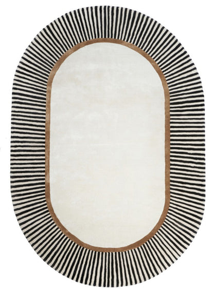 Oval-shaped rug with black and white striped border on a plain background