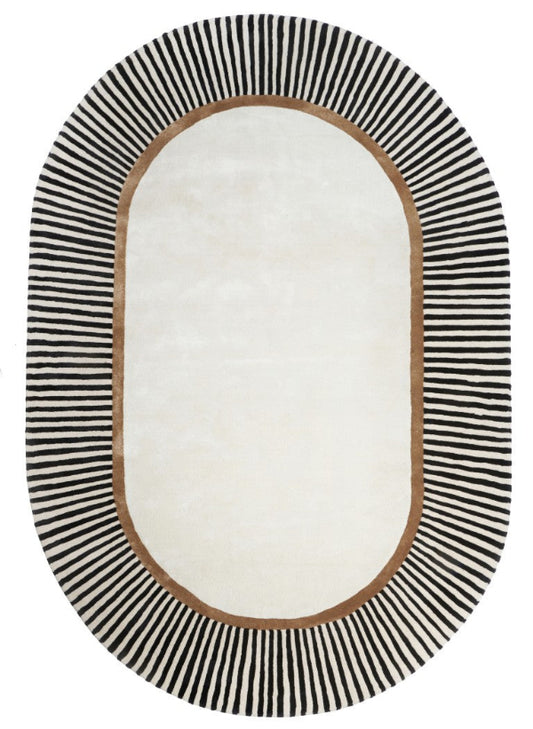 Oval-shaped rug with black and white striped border on a plain background