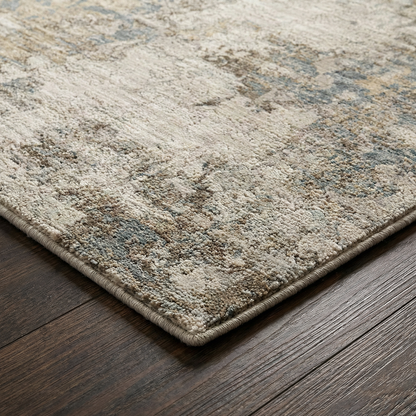Textured area rug with a geometric pattern on a wooden floor