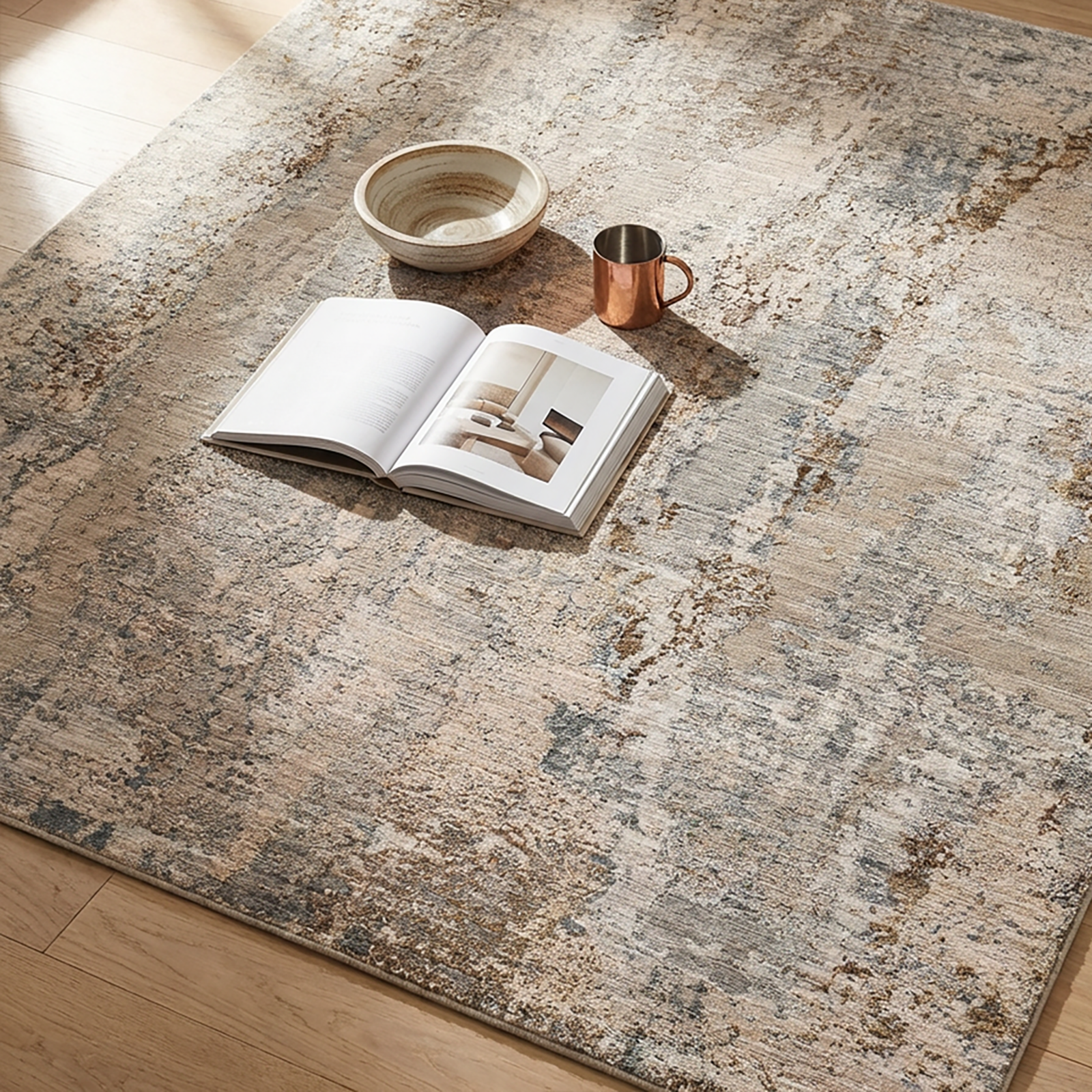 Open book, copper mug, and ceramic bowl on a textured stone-like floor.