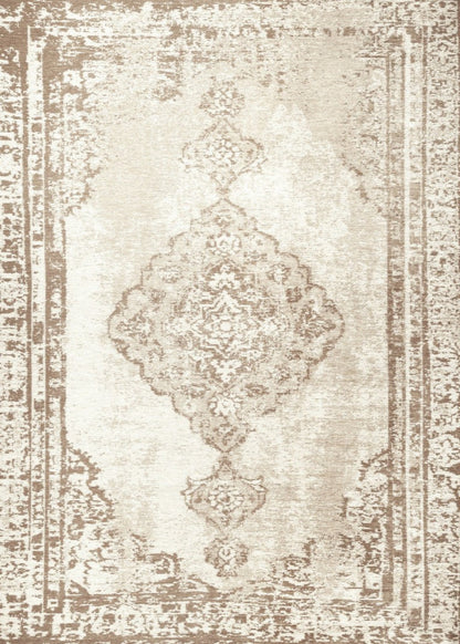 Decorative rug with a central pattern and border design on a beige background