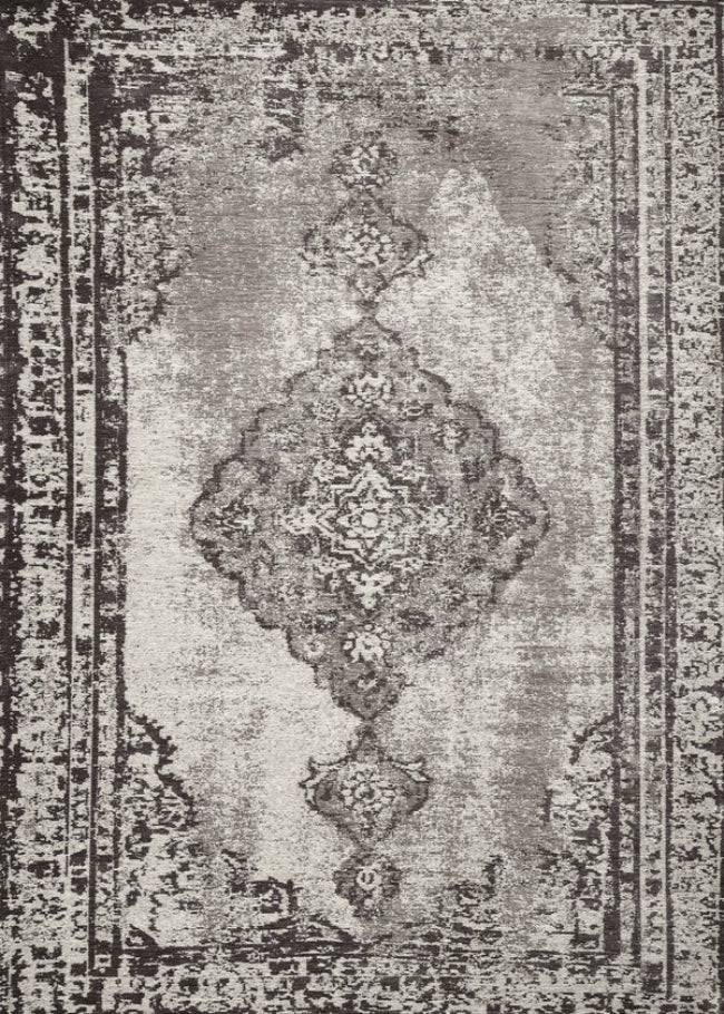 Decorative rug with intricate patterns in grey and black