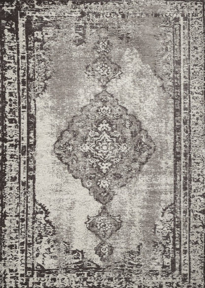 Decorative rug with intricate patterns in grey and black