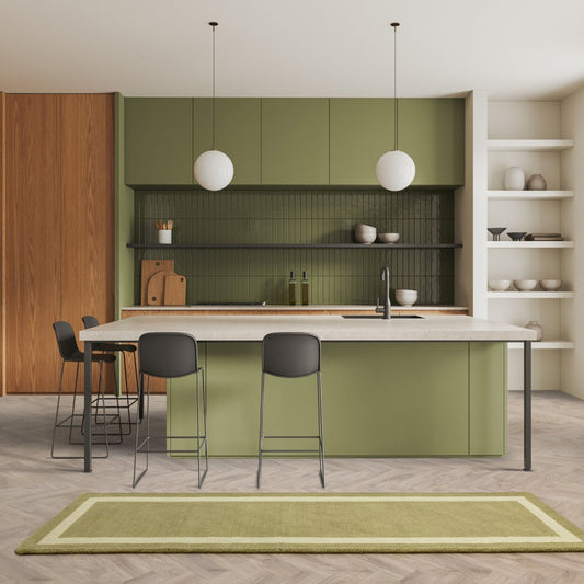 Asiatic Albi Border Rug Collection in Green, enhancing a modern kitchen with stylish elegance