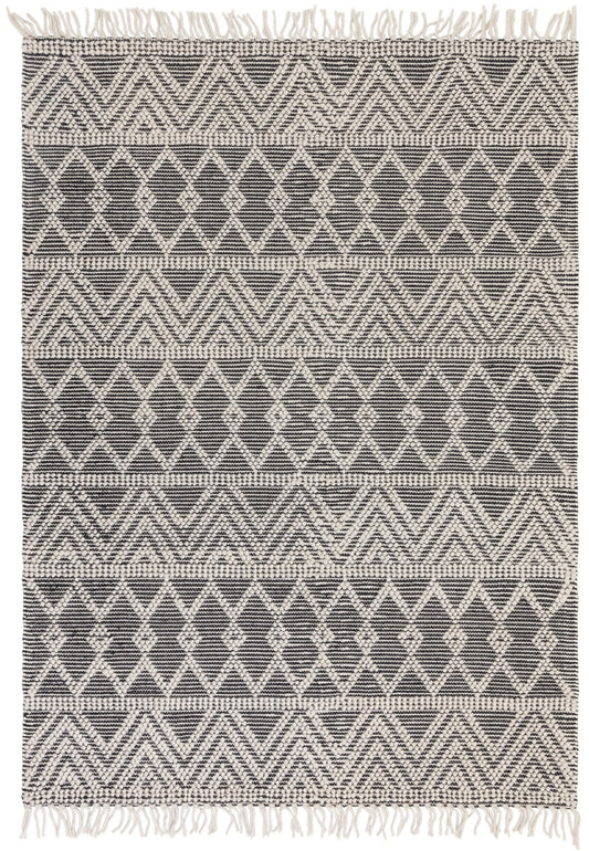 Gray and white geometric patterned rug with fringes on a plain background