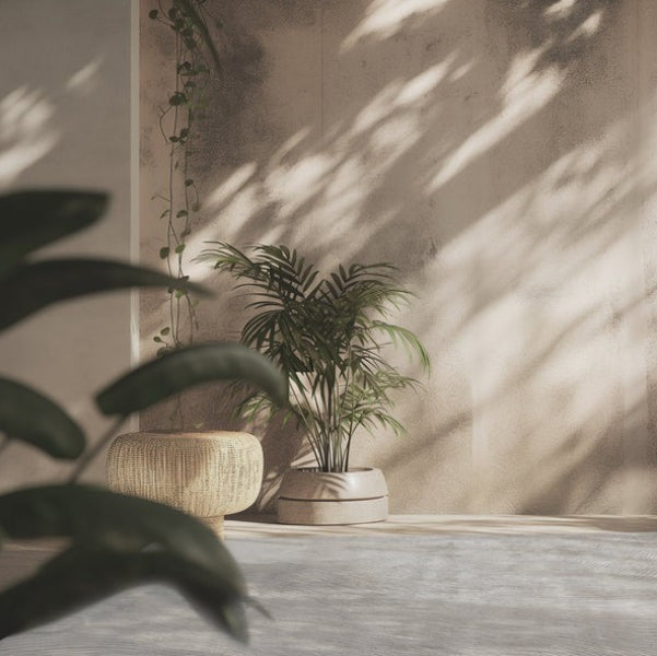 Potted plant on a windowsill with soft shadows on a neutral wall