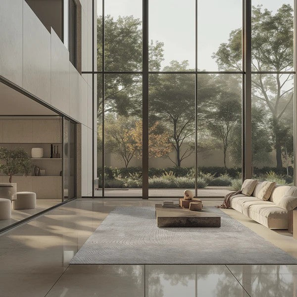 Modern living room with large glass windows overlooking trees