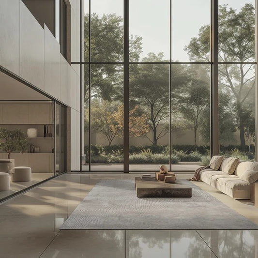 Modern living room with large glass windows overlooking trees