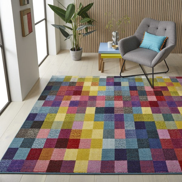 Concept Looms Carnaval Rug luxury multicolour checkered pattern on wooden floor in modern living room