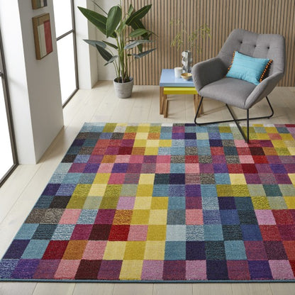 Concept Looms Carnaval Rug luxury multicolour checkered pattern on wooden floor in modern living room
