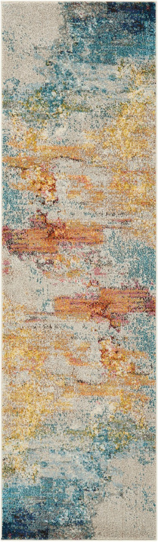 Colorful abstract patterned rug with a gradient of blue, yellow, and orange.