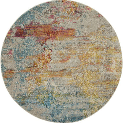 Round multicolored rug with abstract pattern on a white background
