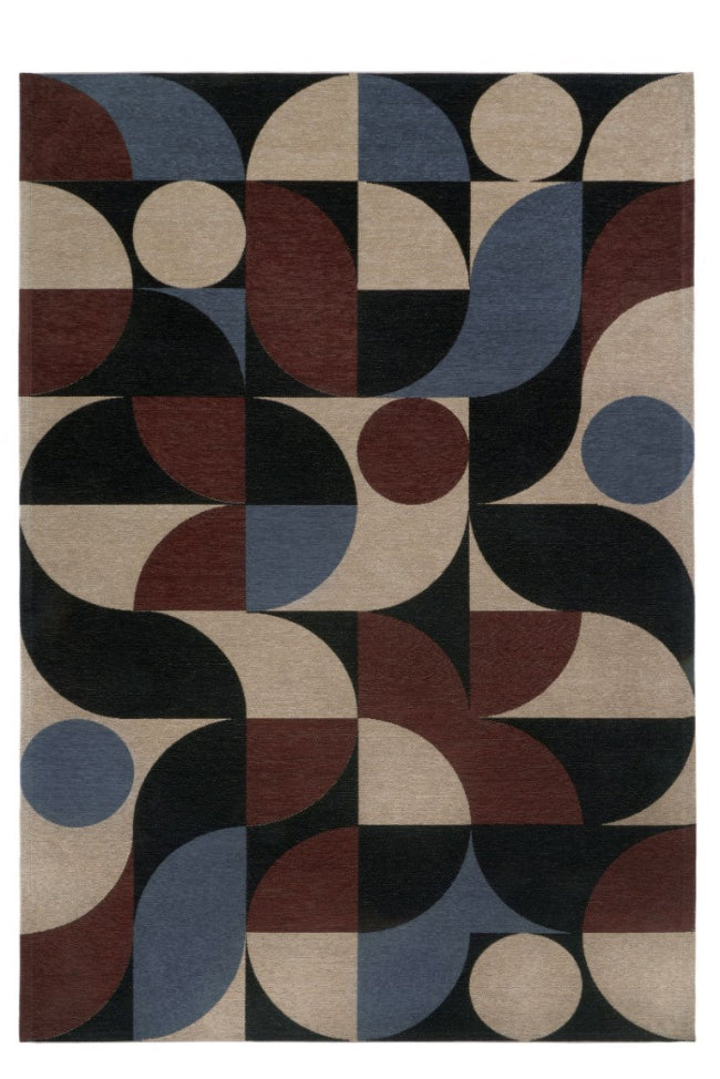 Geometric patterned rug with circular shapes in various colors on a white background