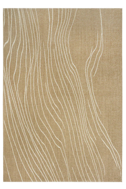 Beige rug with wavy white lines on a plain background