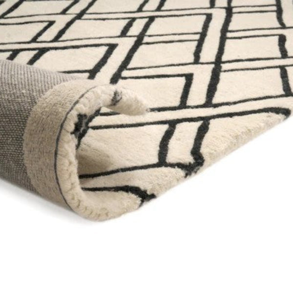 Close-up of a textured rug with geometric pattern on a white background