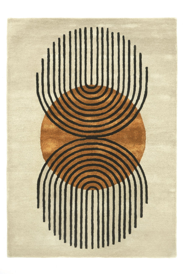 Rug with abstract design featuring concentric circles in black, brown, and beige.
