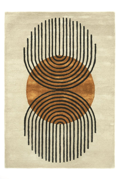 Rug with abstract design featuring concentric circles in black, brown, and beige.