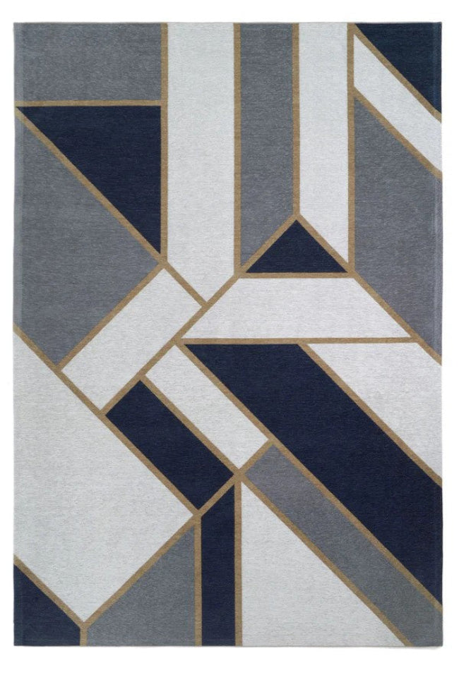 Geometric patterned rug with blue, gray, and white colors on a white background