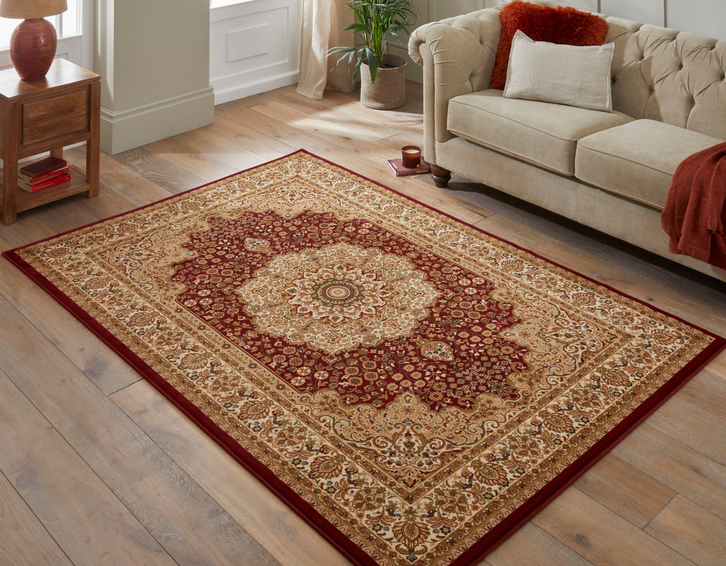 Luxury Concept Looms Rug with Intricate Medallion Design in Rich Red and Gold Tones