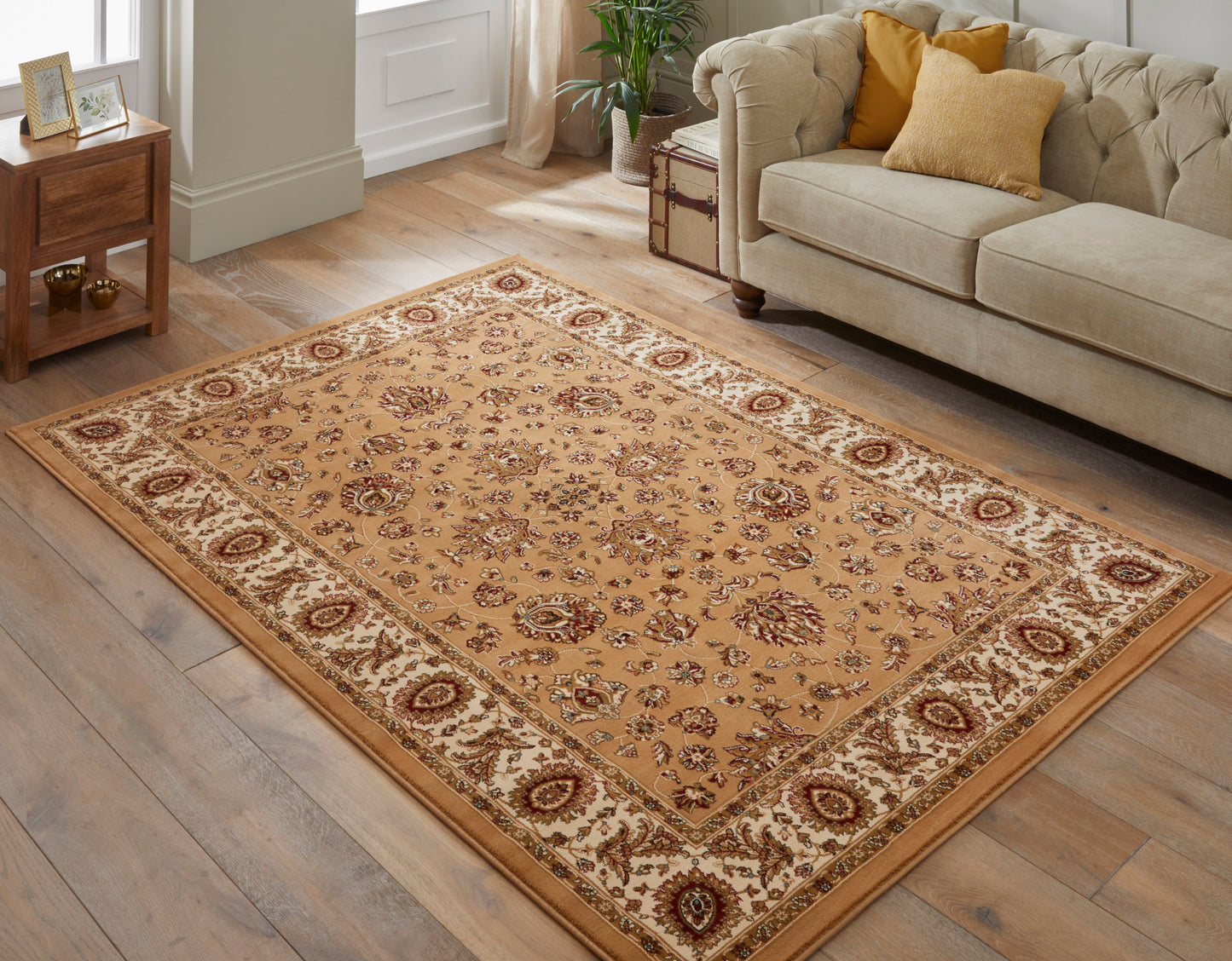 Luxury Concept Looms Rug in Warm Gold with Intricate Floral Design for Elegant Living Rooms