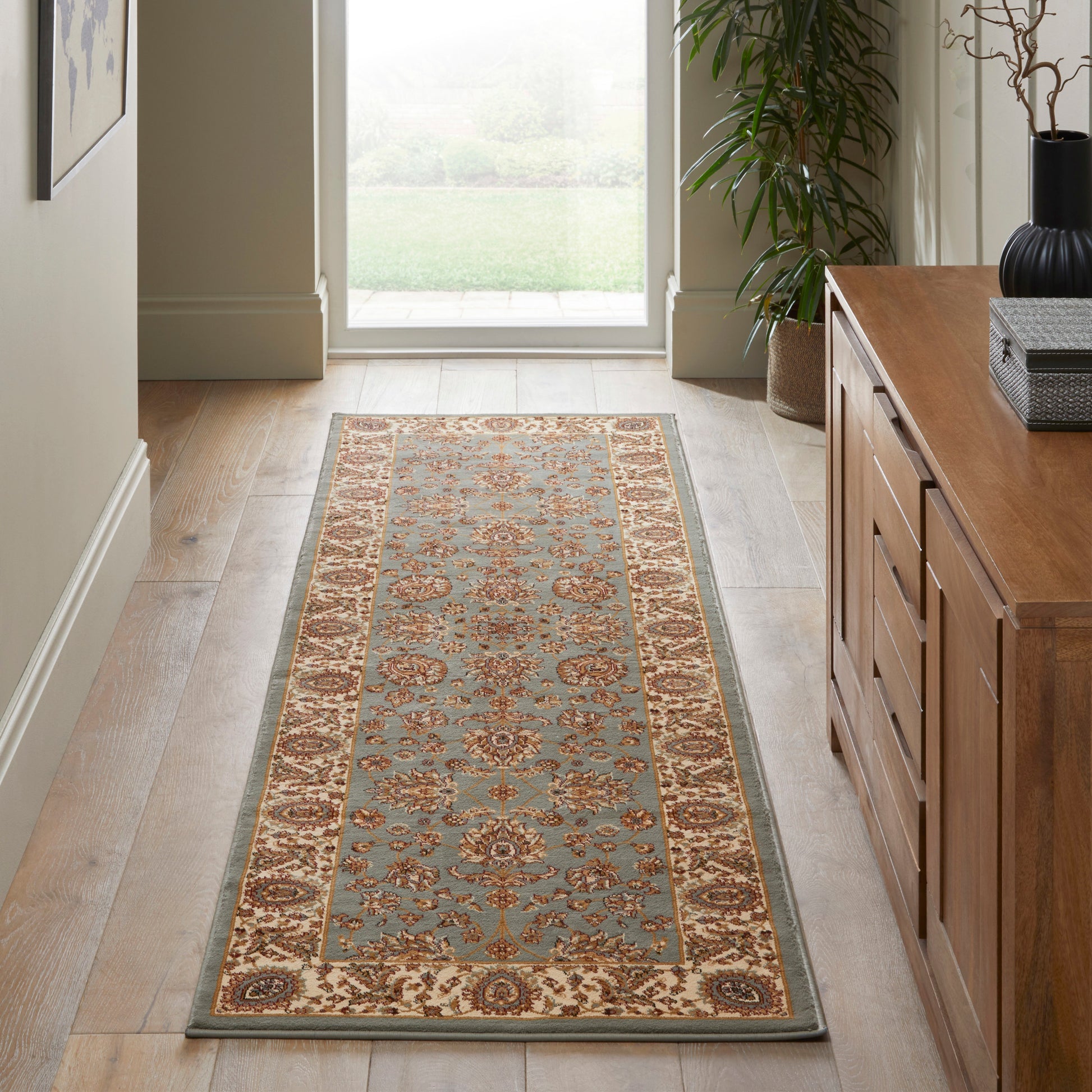 Luxury blue and beige rug with intricate floral design for elegant home interiors