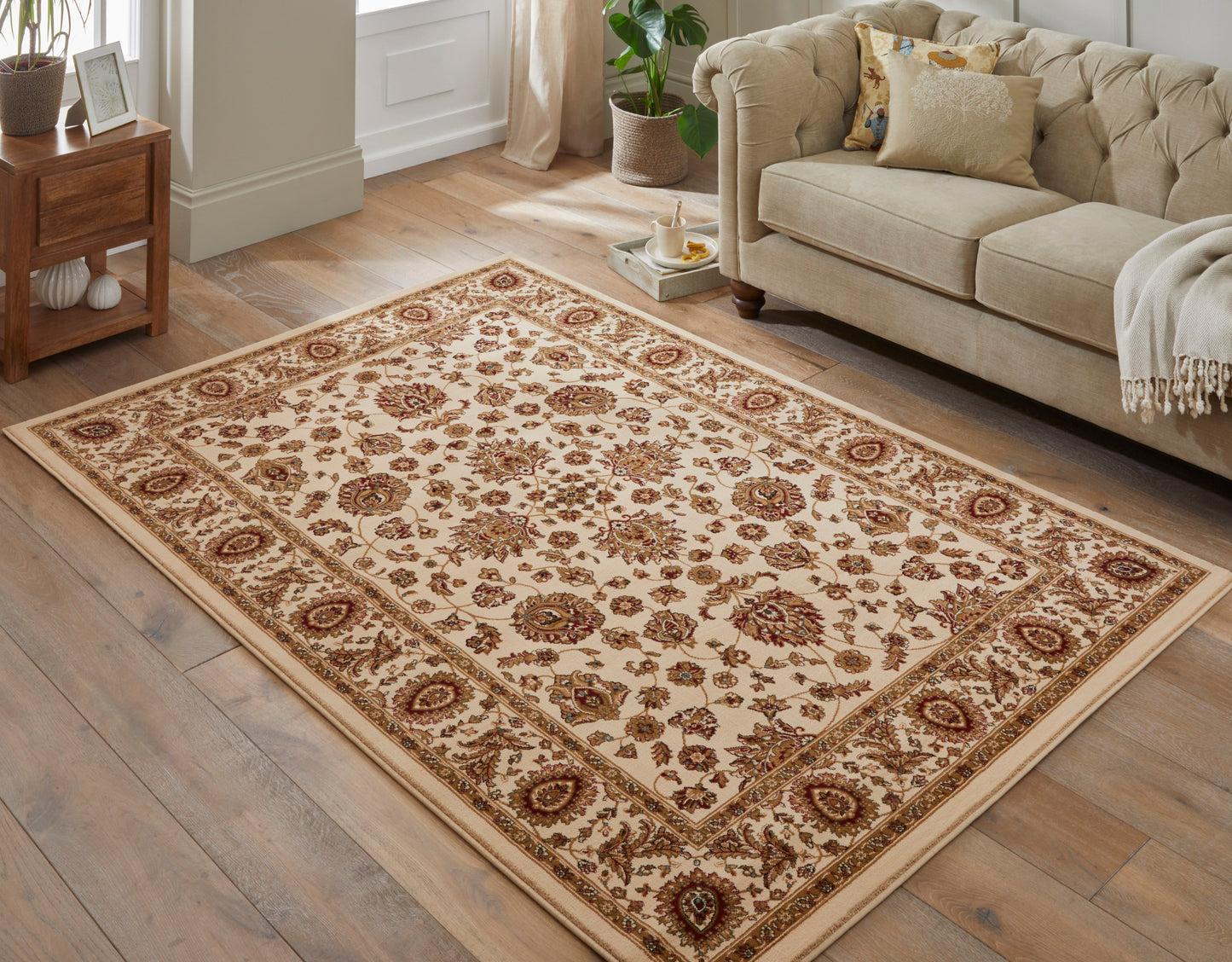 Luxury cream rug from Concept Looms with intricate floral pattern, perfect for elegant living spaces