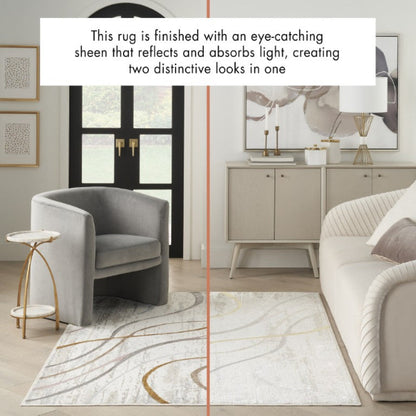 Living room with a rug featuring eye-catching sheen, reflecting and absorbing light.