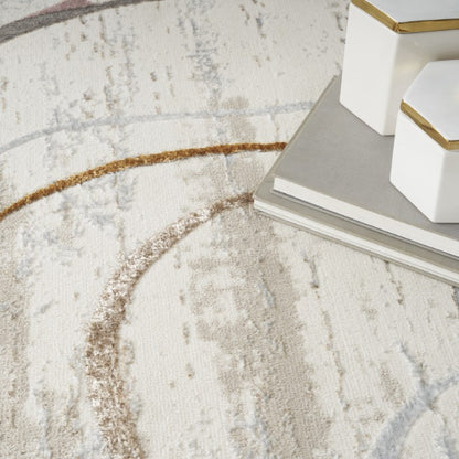 Close-up of a textured rug with geometric patterns and a white decorative object.
