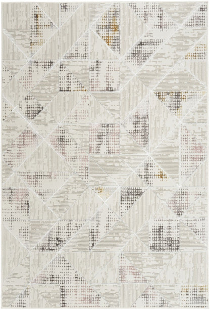 Patterned rug with geometric design on a white background