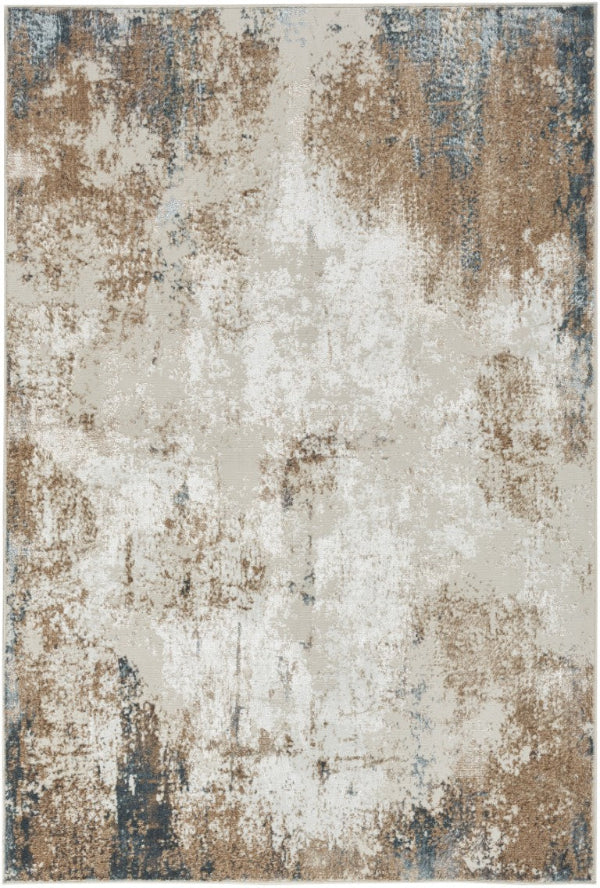 Abstract patterned rug with brown, beige, and gray colors on a white background