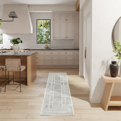 Modern kitchen with a long rectangular rug on the floor