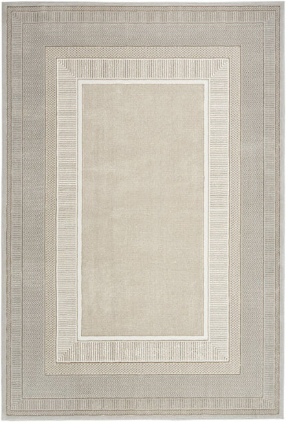 Beige area rug with a subtle patterned border 