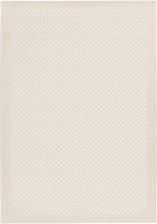 Beige area rug with a subtle geometric pattern on a beige background