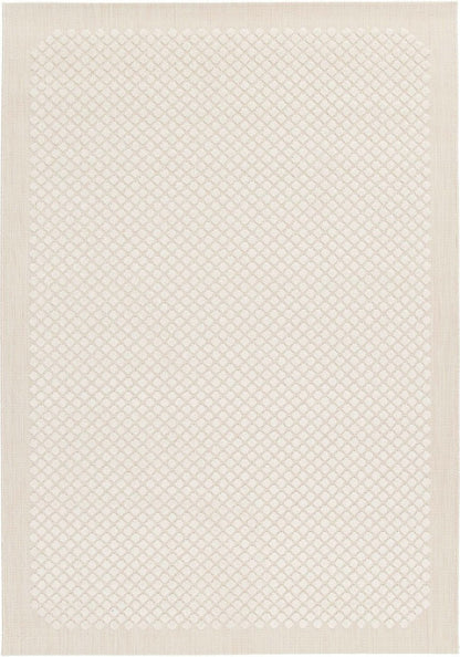 Beige area rug with a subtle geometric pattern on a beige background