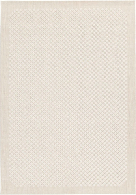 Beige area rug with a subtle geometric pattern on a beige background