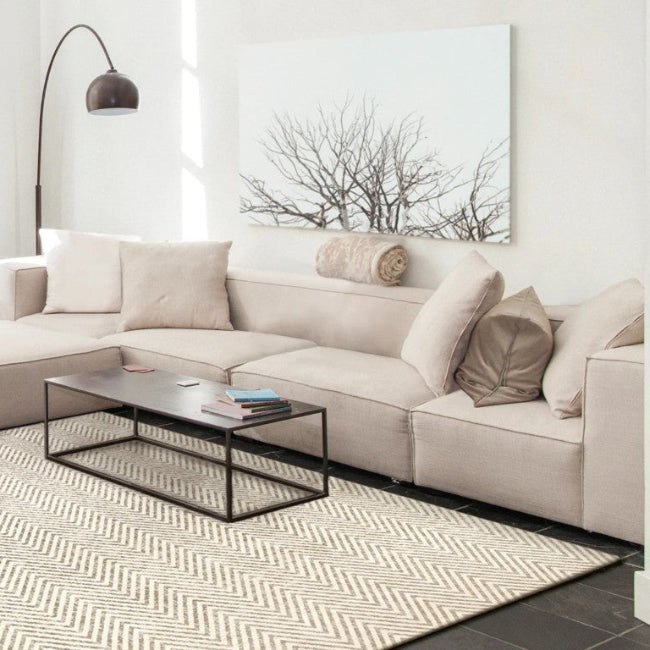 Modern living room with a beige sectional sofa, coffee table, and decorative rug.