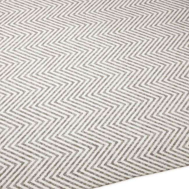 Close-up of a gray and white zigzag patterned rug