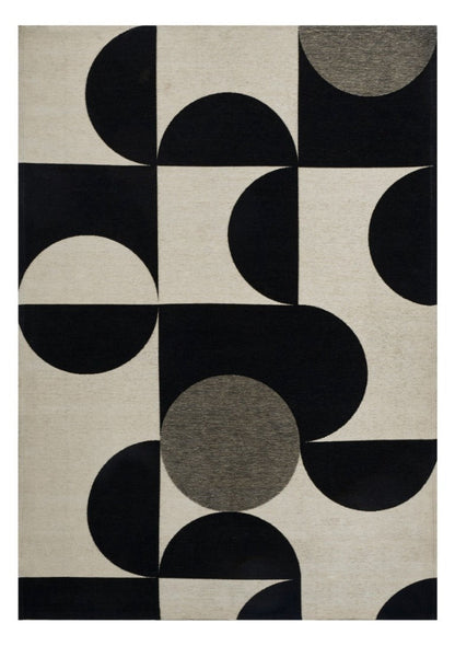 Rug with geometric black and gray pattern on beige background