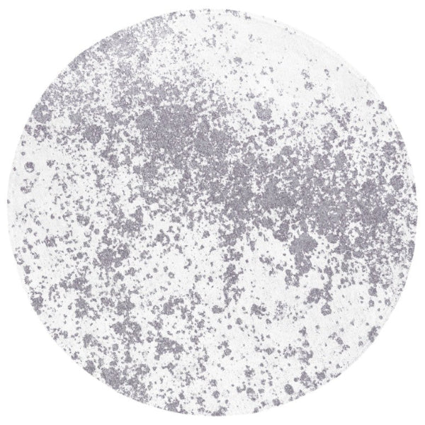 Round grey speckled rug on a white background resembling the surface of the moon