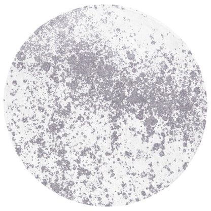 Round grey speckled rug on a white background resembling the surface of the moon