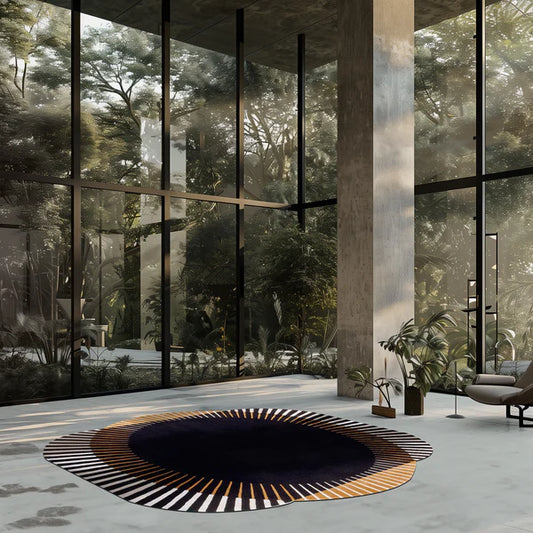 Modern interior with large glass windows overlooking a forest, featuring a round rug on the floor.