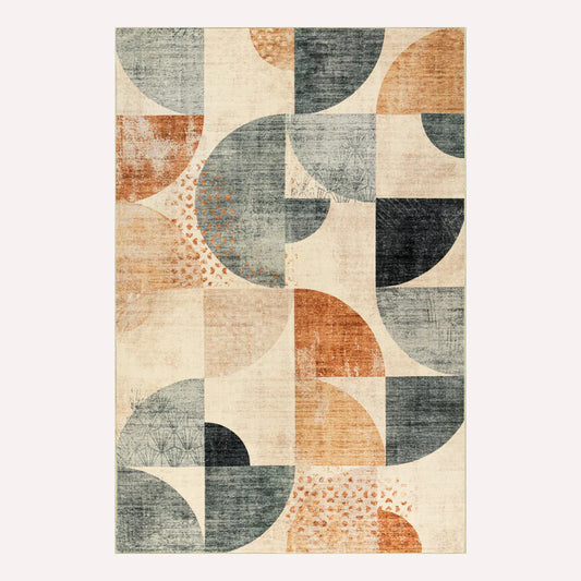 Rug with geometric pattern of circles in earthy tones on a beige background