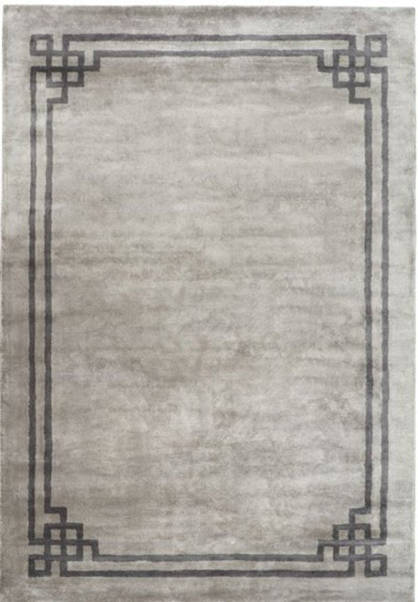Gray area rug with decorative black border