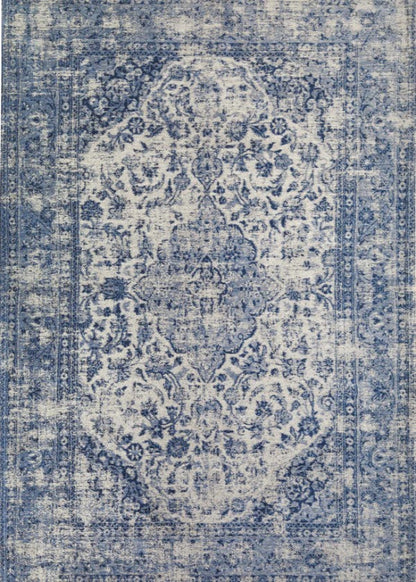 Blue and white patterned rug with intricate design