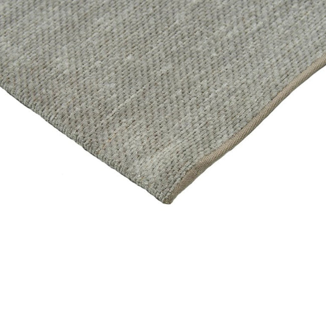 Close-up of a textured gray rug corner on a white background